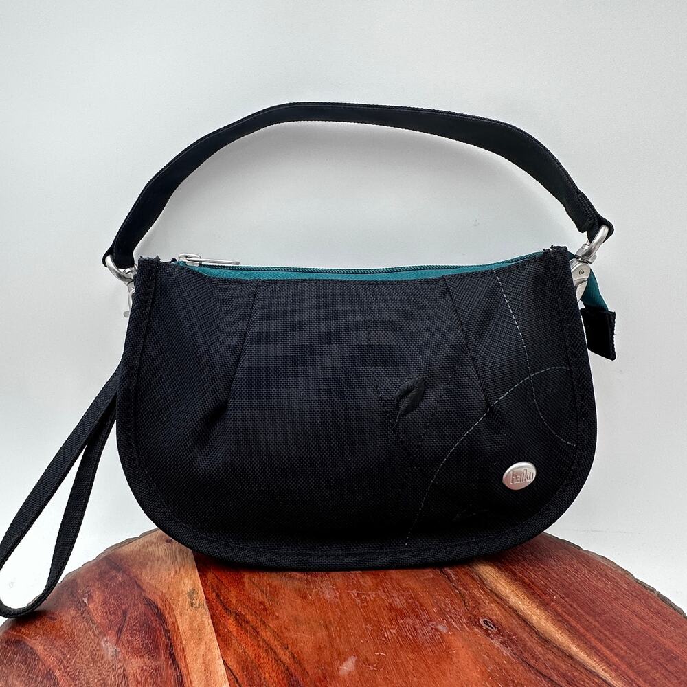 Haiku Venture Wristlet Shoulder Bag EUC Black Teal Floral Travel Sustainable